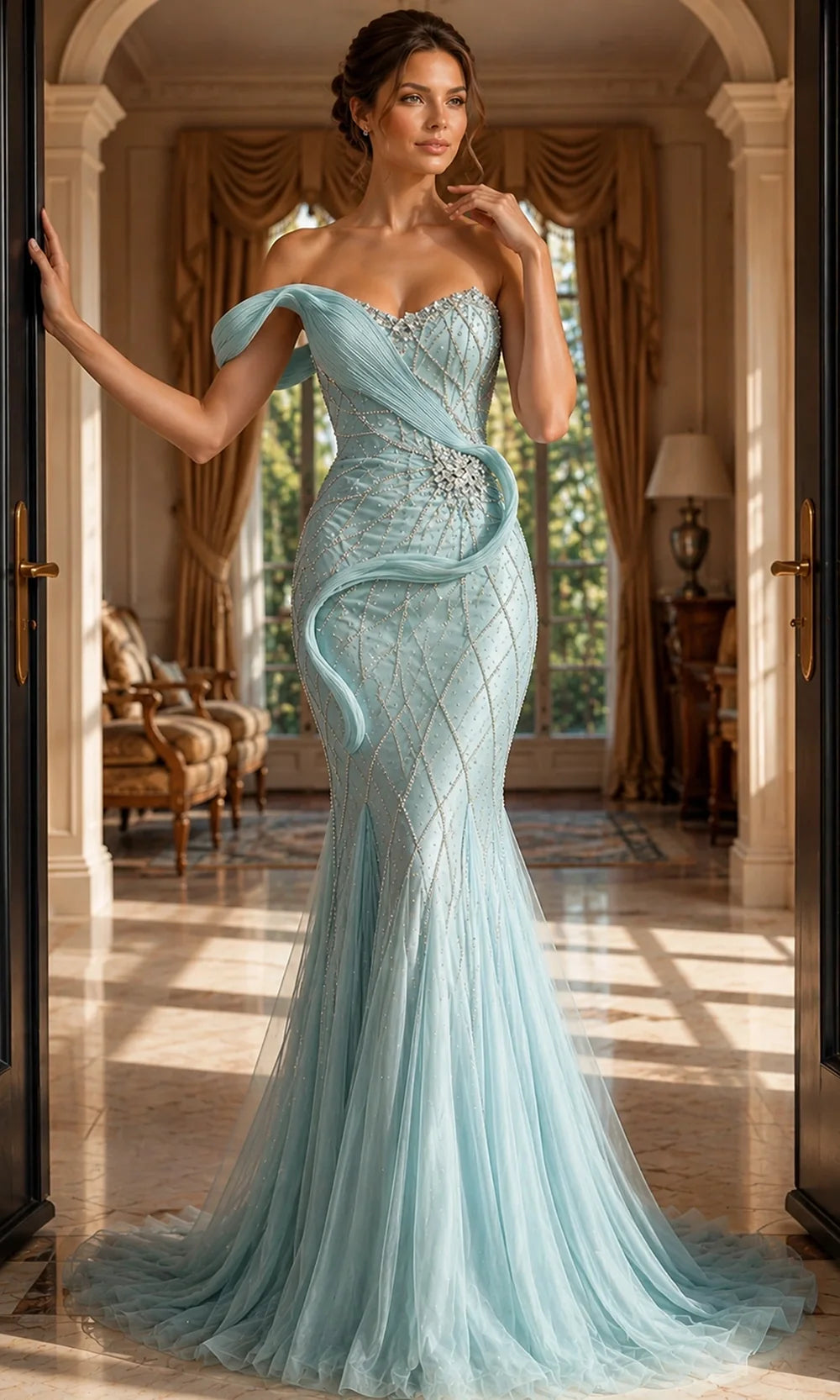 Jovani 50206 - Crystal Beadwork Draped Off Shoulder Gown In Blue