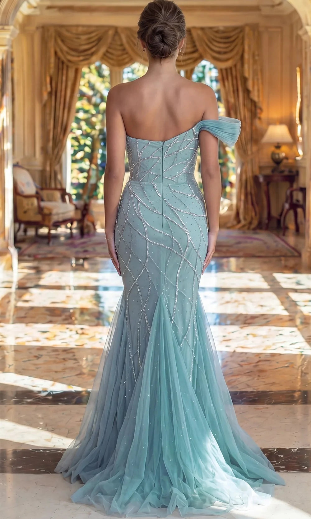 Jovani 50206 - Crystal Beadwork Draped Off Shoulder Gown In Blue