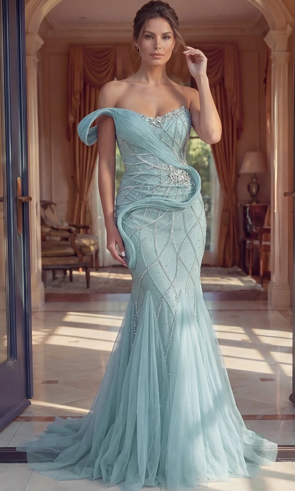 Jovani 50206 - Crystal Beadwork Draped Off Shoulder Gown In Blue