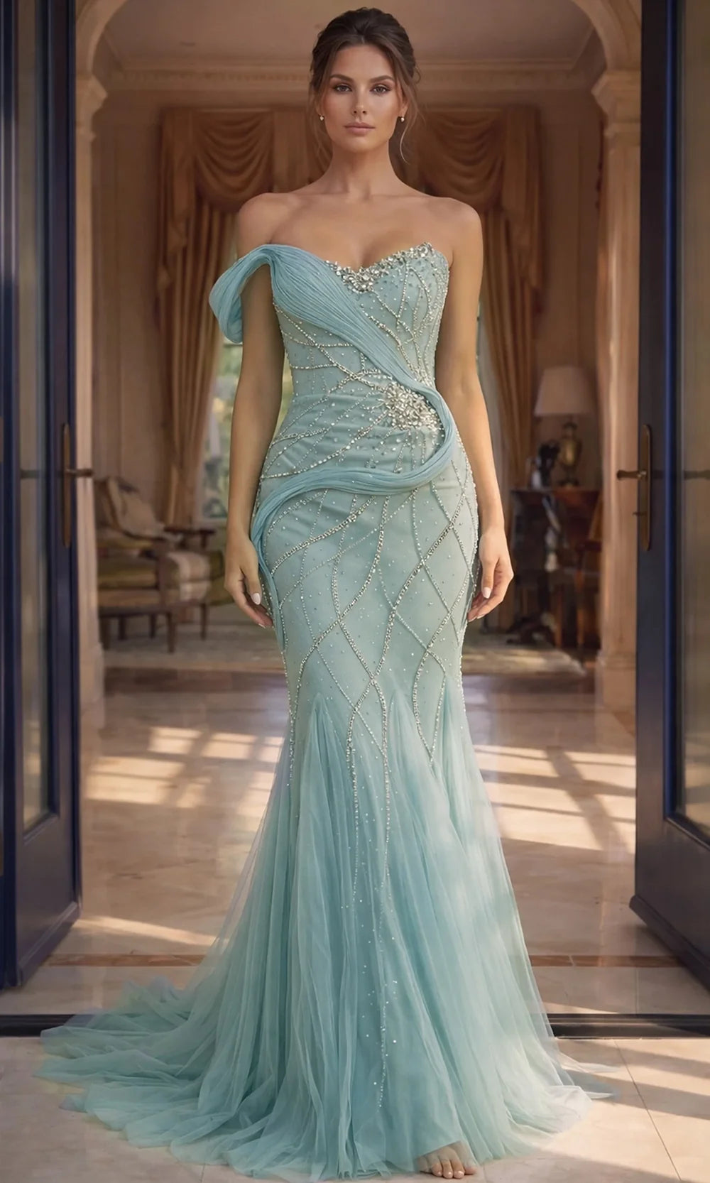 Jovani 50206 - Crystal Beadwork Draped Off Shoulder Gown In Blue