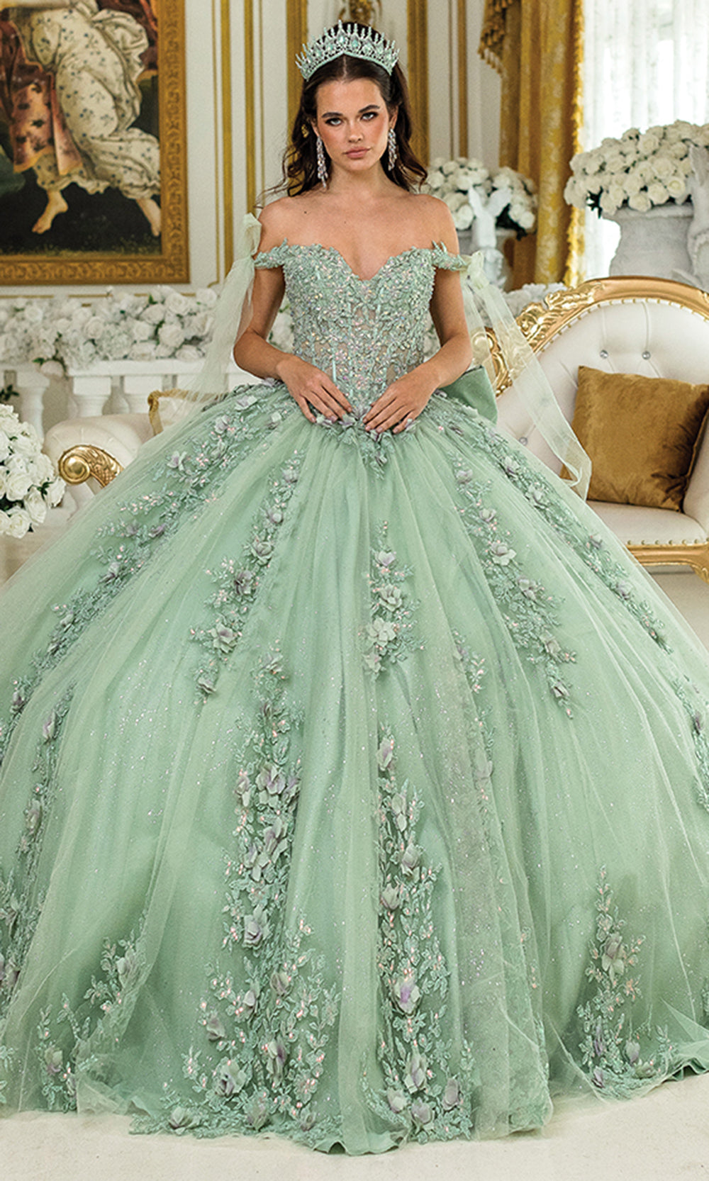 Dancing Queen 5021 - Off-Shoulder Bow Floral Ballgown Quinceanera Dresses