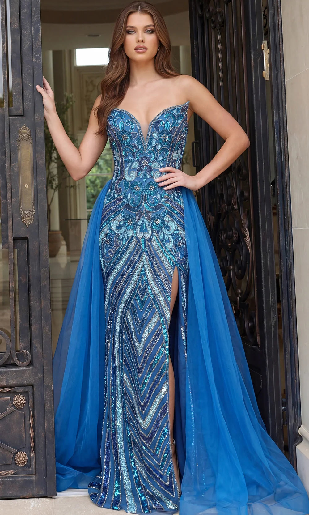 Jovani 50222 - Strapless High Slit Gown with Overskirt Prom Dresses  in Peacock  