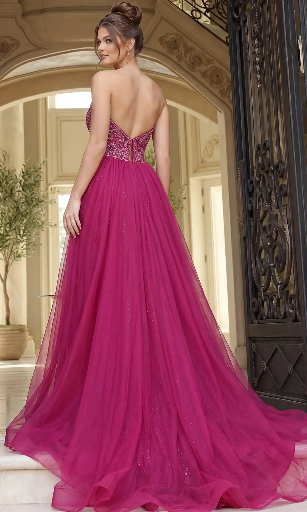 Jovani 50222 - Strapless High Slit Gown with Overskirt Prom Dresses  in Fuchsia  
