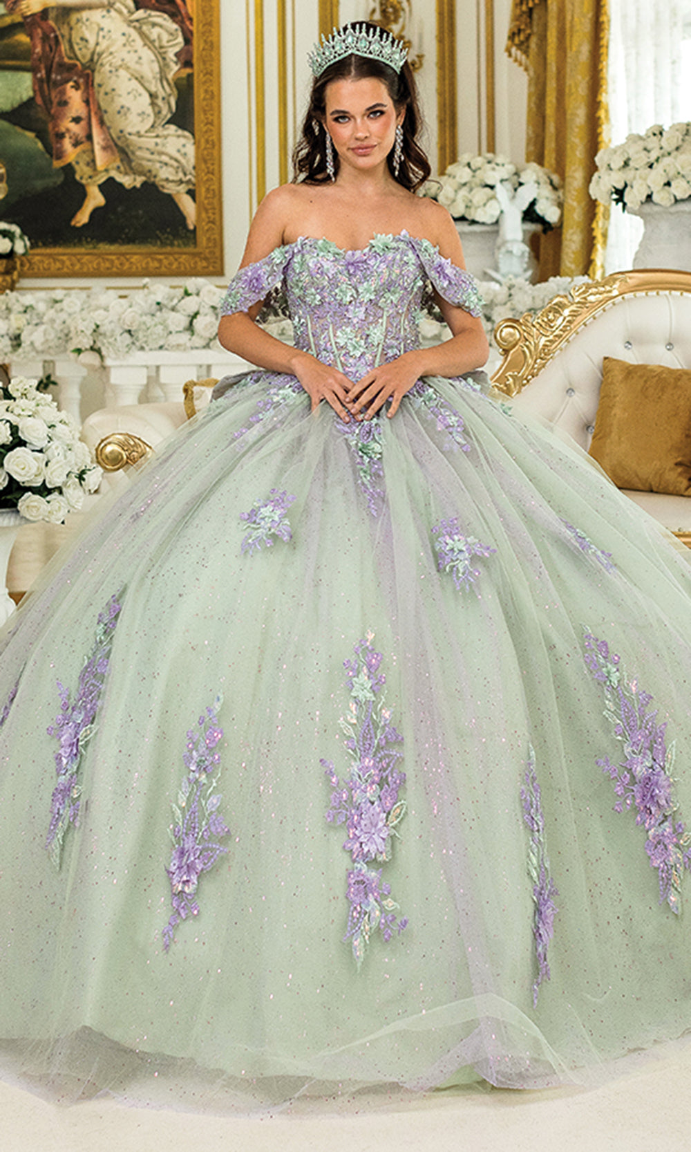 Dancing Queen 5023 - Glittered Tulle Floral Applique Ballgown Quinceanera Dresses
