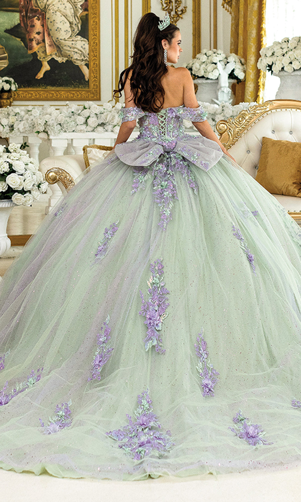 Dancing Queen 5023 - Glittered Tulle Floral Applique Ballgown Quinceanera Dresses