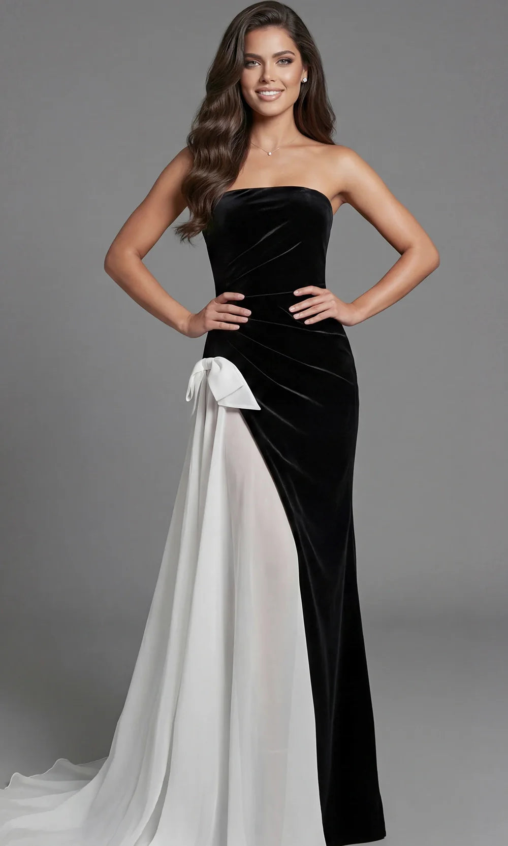 Jovani 50241 - Straight Neck Velvet Gown with Side Bow Accent Evening Dresses  in Black Multi