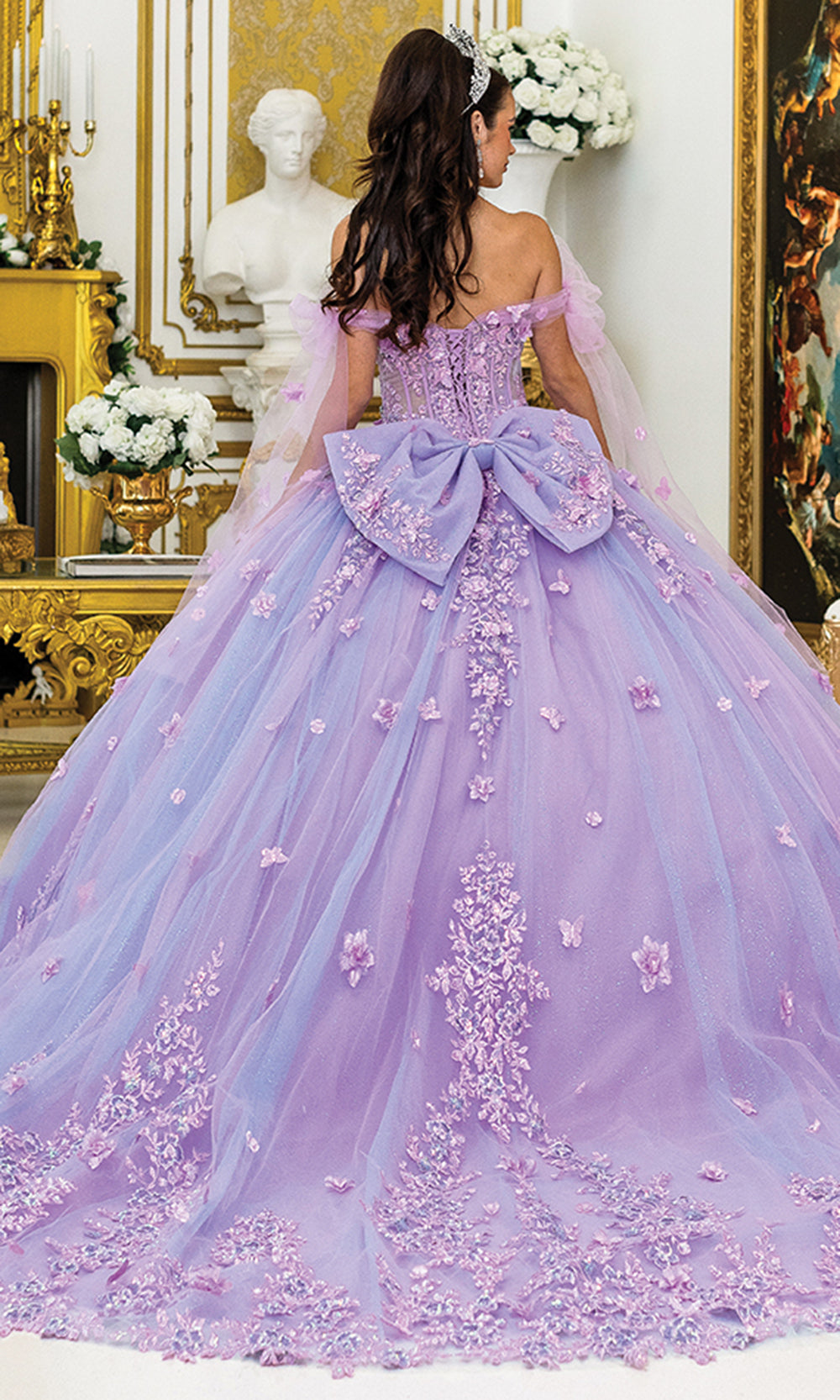 Dancing Queen 5029 - Sheer Cape Sleeves Floral Ballgown Quinceanera Dresses