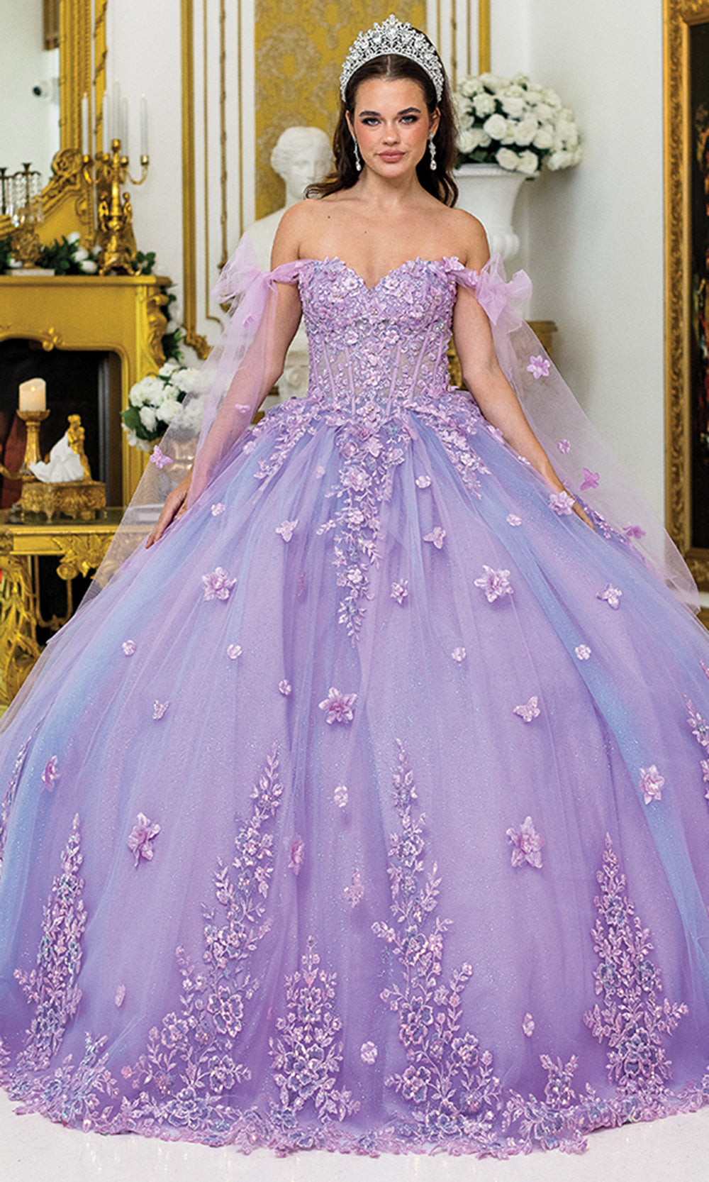 Dancing Queen 5029 - Sheer Cape Sleeves Floral Ballgown Quinceanera Dresses