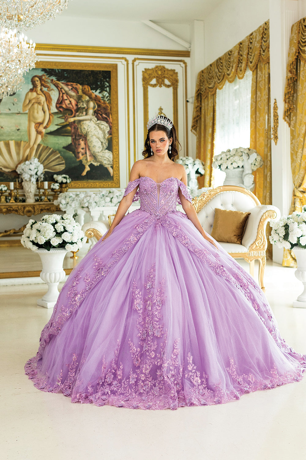 Dancing Queen 5031 - Off-Shoulder Floral Layered Quinceanera Gown In Purple