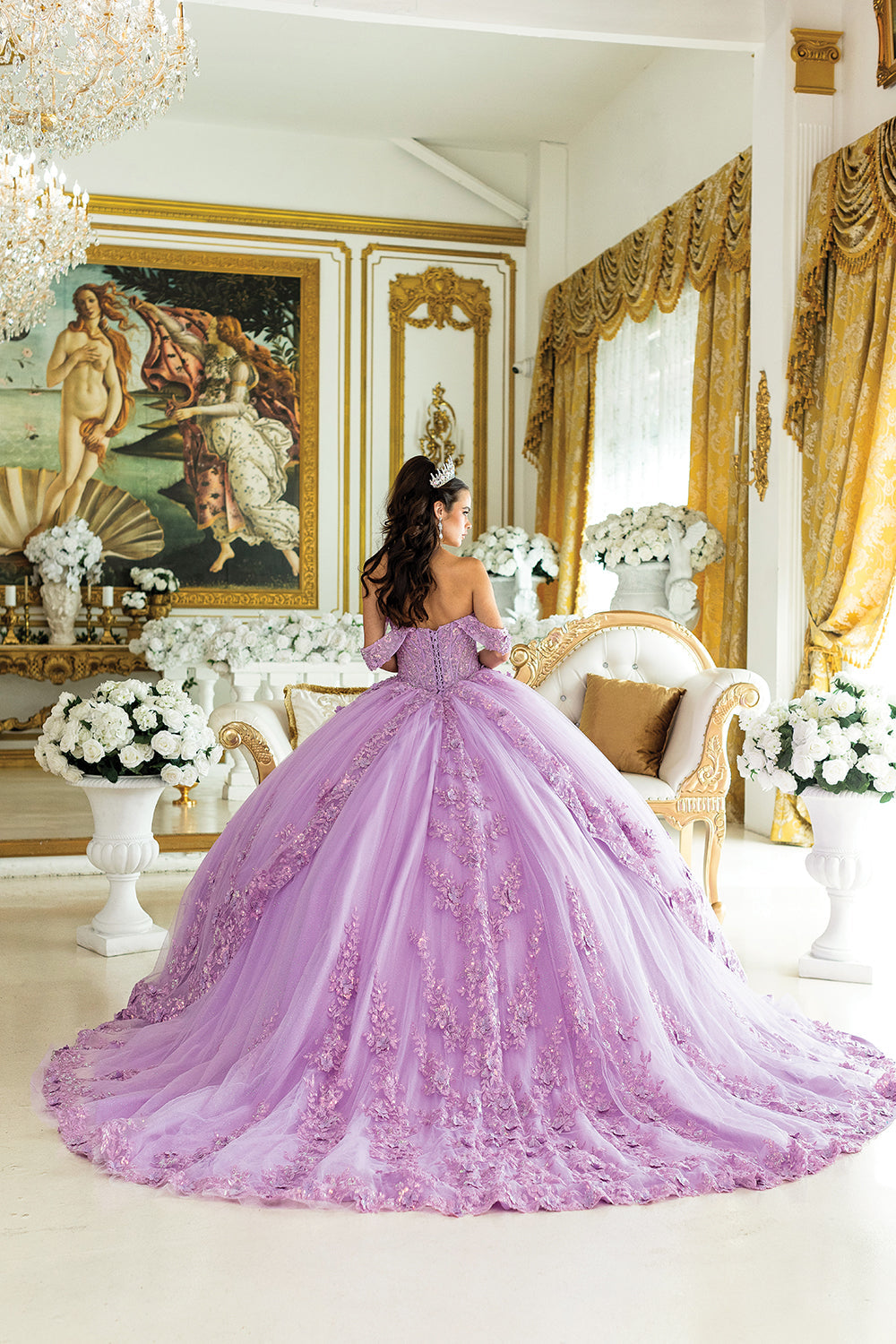Dancing Queen 5031 - Off-Shoulder Floral Layered Quinceanera Gown In Purple