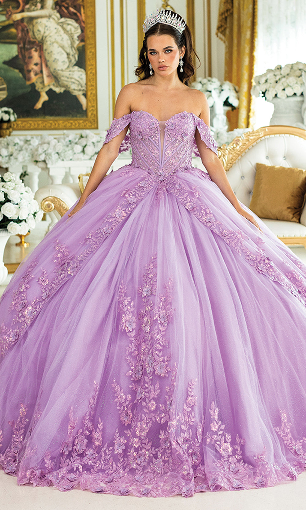 Dancing Queen 5031 - Off-Shoulder Floral Layered Ballgown Quinceanera Dresses