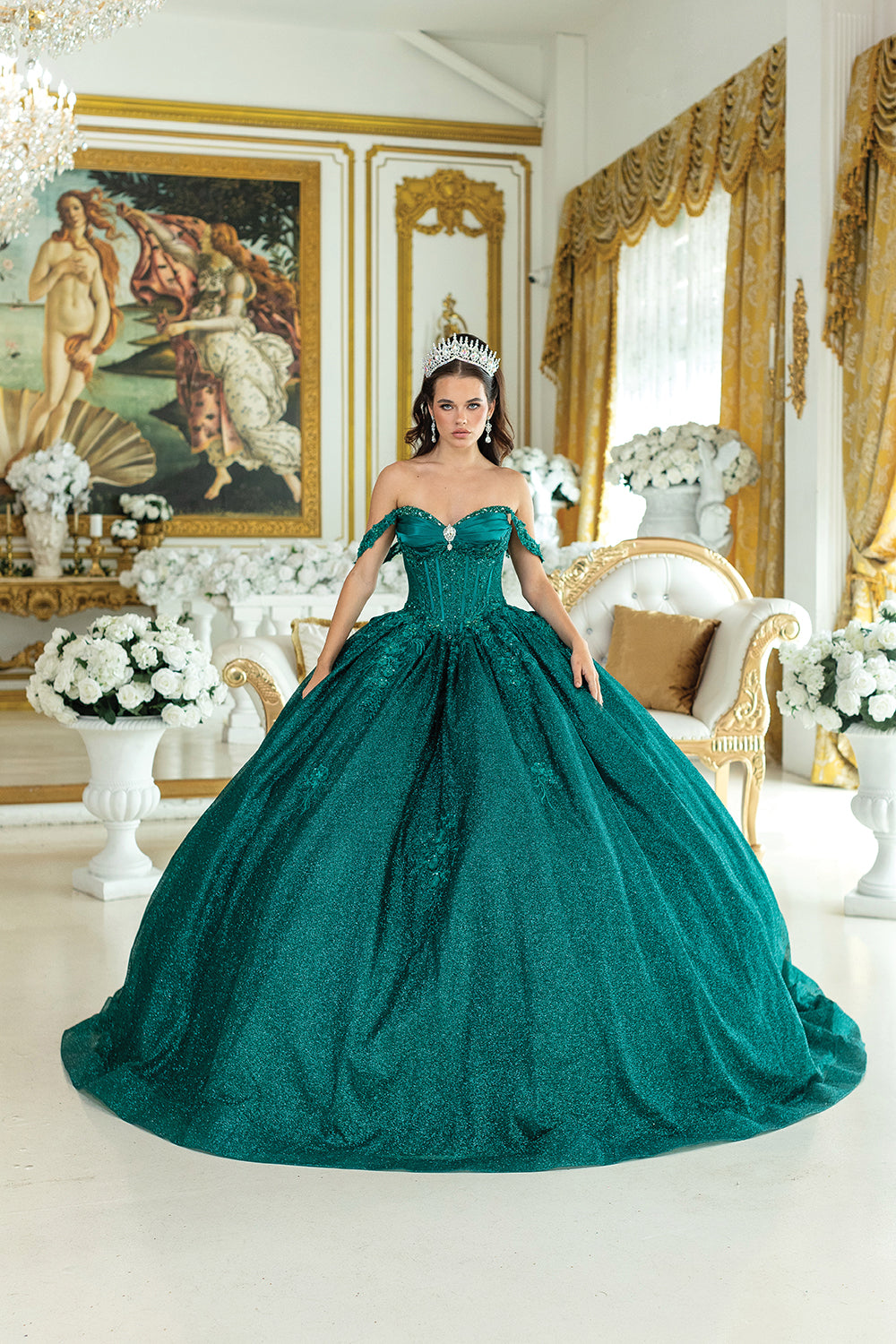 Dancing Queen 5035 - Off-Shoulder Corset Glitter Ballgown In Green