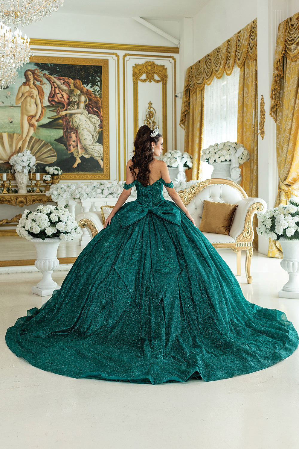 Dancing Queen 5035 - Off-Shoulder Corset Glitter Ballgown In Green