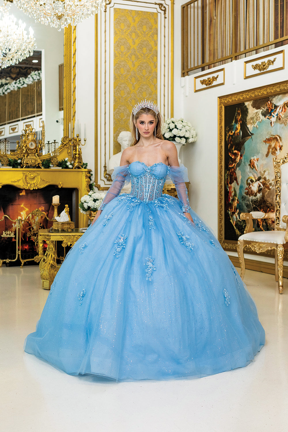 Dancing Queen 5038 - Illusion Off Shoulder Glitter Tulle Ballgown In Blue
