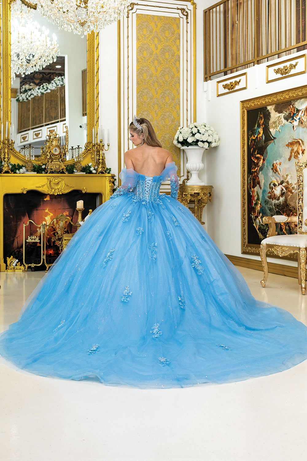 Dancing Queen 5038 - Illusion Off Shoulder Glitter Tulle Ballgown In Blue