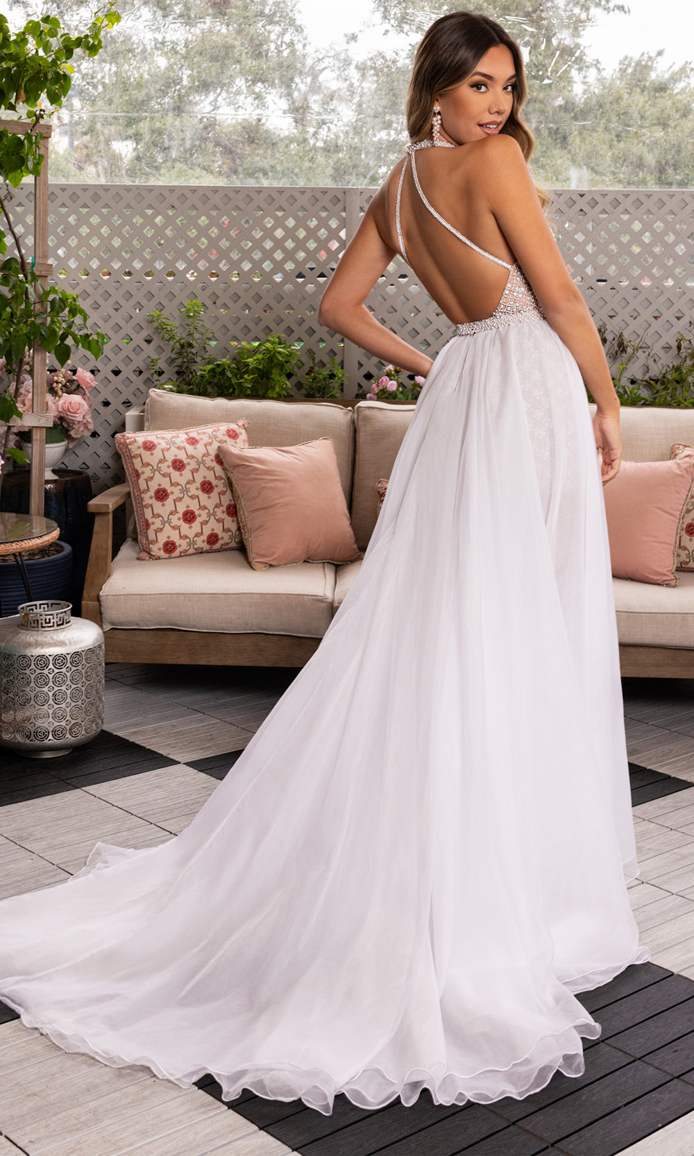 Rachel Allan 50380 - Short Stretch Tulle, Pearl Beading, Organza Romper - Illusion Plunge Neckline, Flowing Overskirt, Pearl Beading, Open Back, Embellished Thin Belt ADASA Rachel Allan 50380 - Short Stretch Tulle, Pearl Beading, Organza Romper - Illusion Plunge Neckline, Flowing Overskirt, Pearl Beading, Open Back, Embellished Thin Belt ADASA
