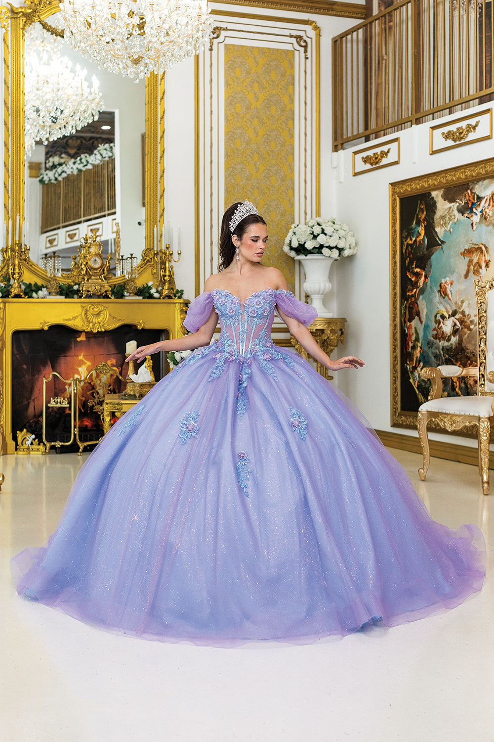 Dancing Queen 5039 - Off-Shoulder Puff Sleeve Glitter Ballgown In Purple