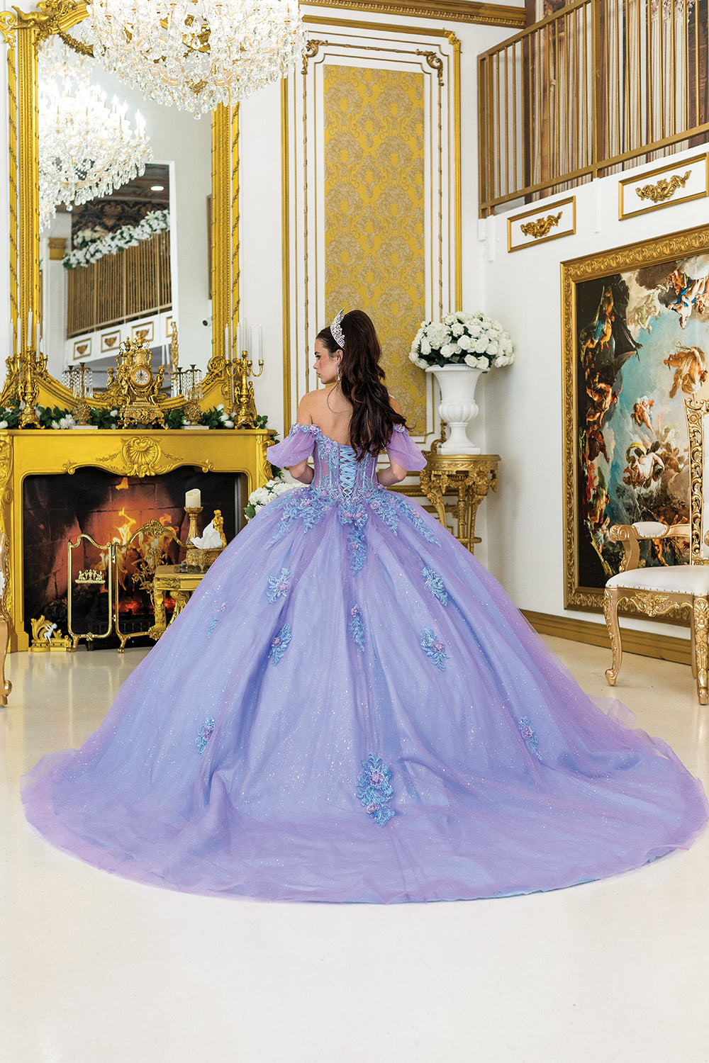 Dancing Queen 5039 - Off-Shoulder Puff Sleeve Glitter Ballgown In Purple