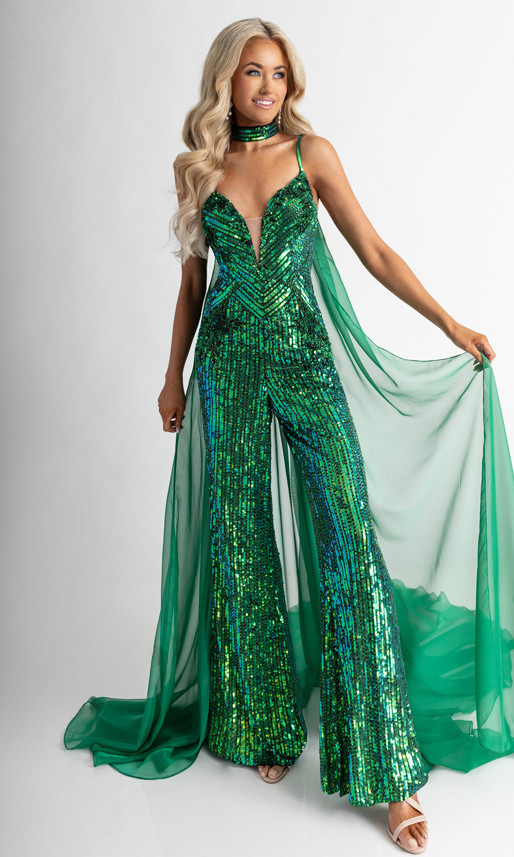 Rachel Allan 50391 - V-Neck Statement Jumpsuit Formal Pantsuits in Black Green