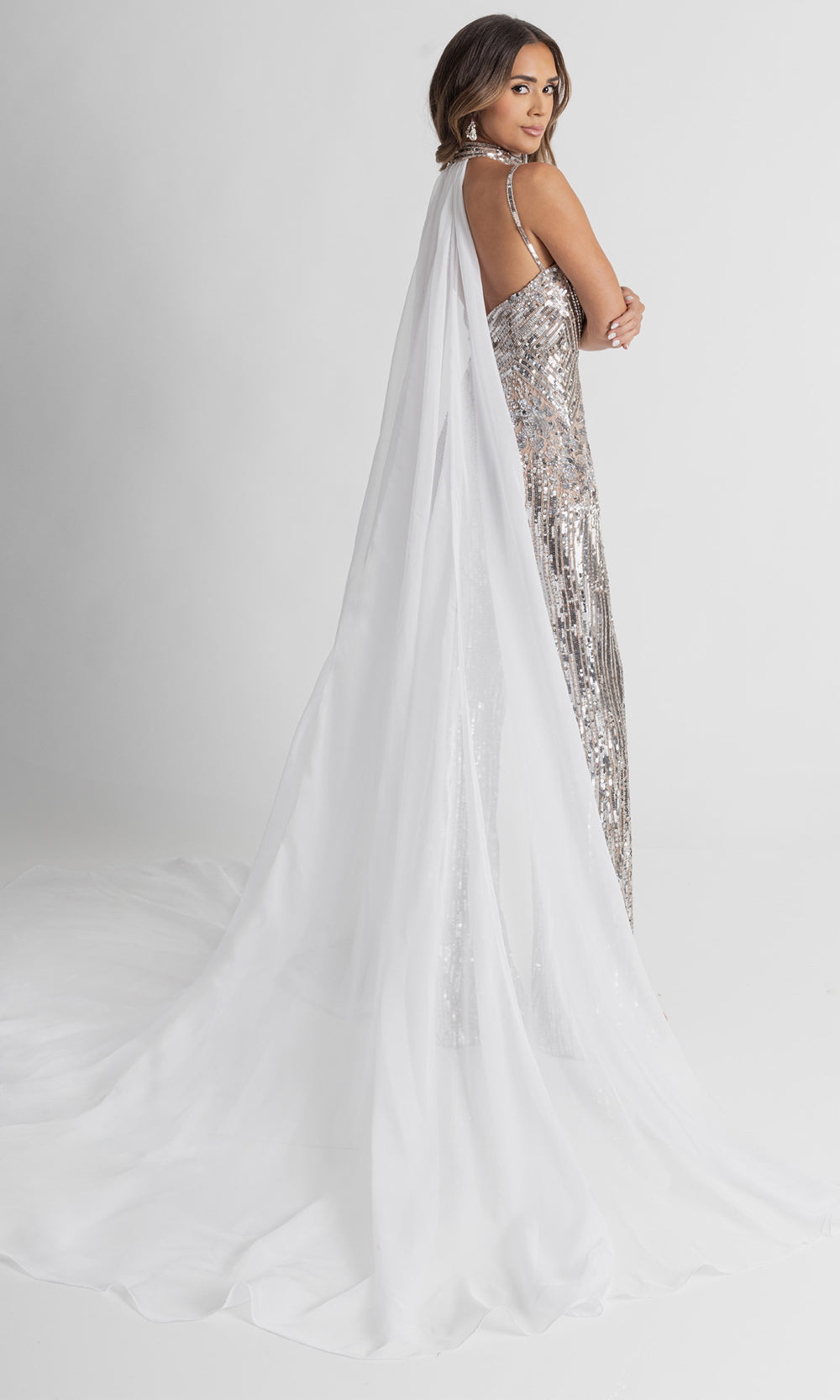 Rachel Allan 50391 - V-Neck Statement Jumpsuit Formal Pantsuits in Nude Silver White
