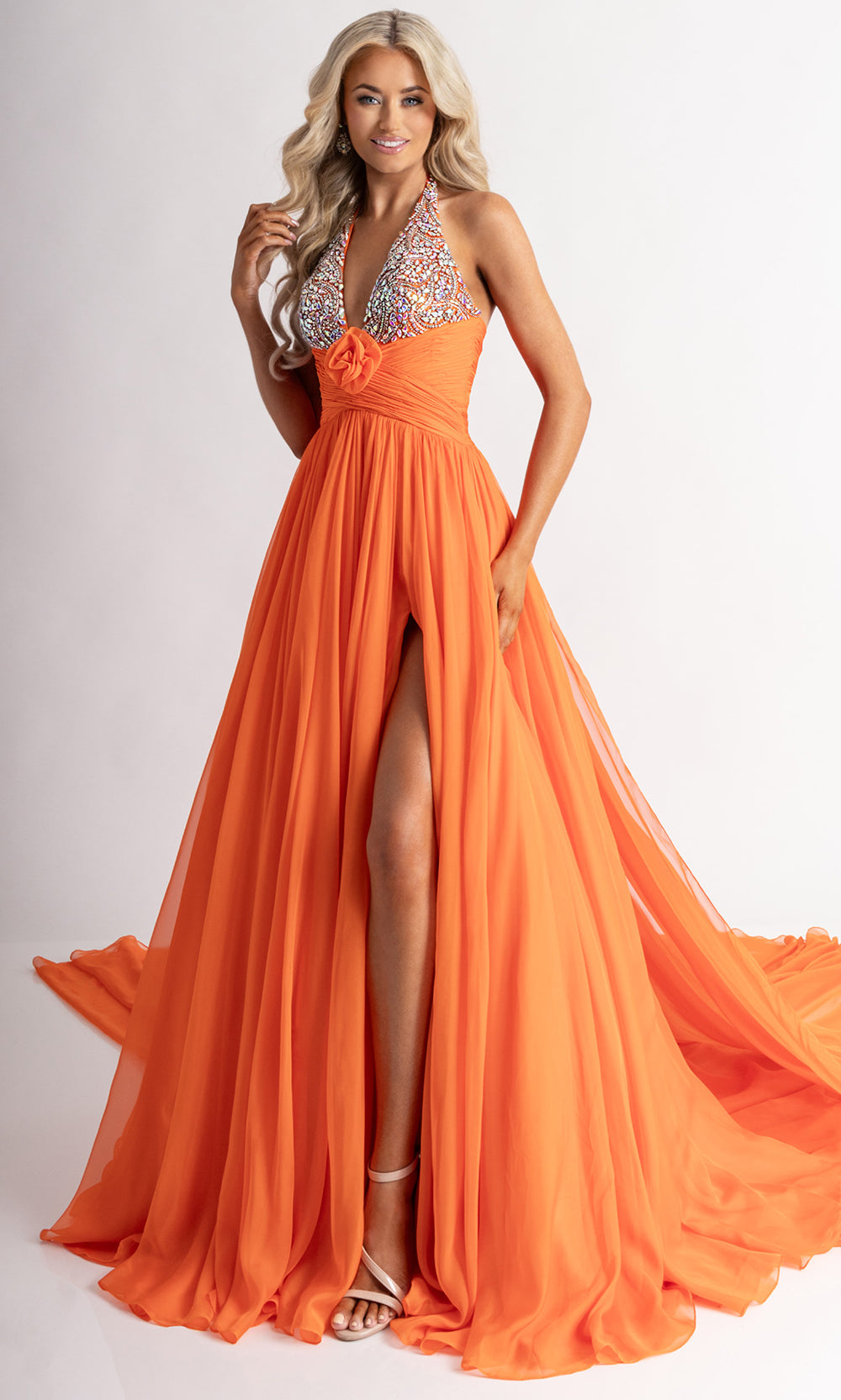 Rachel Allan 50392 - Beaded Bodice Sleeveless A-Line Gown Formal Gowns in Tangerine