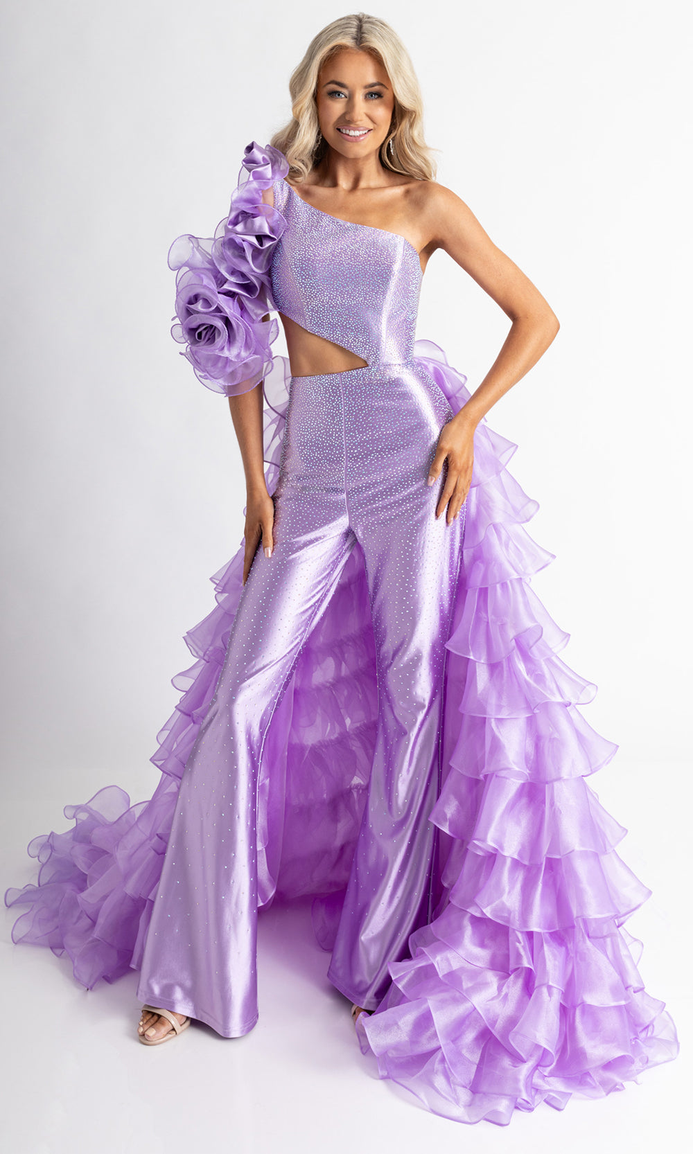 Rachel Allan 50395 - Ruffled Overskirt Crystal Embellished Jumpsuit Formal Pantsuits in Lilac
