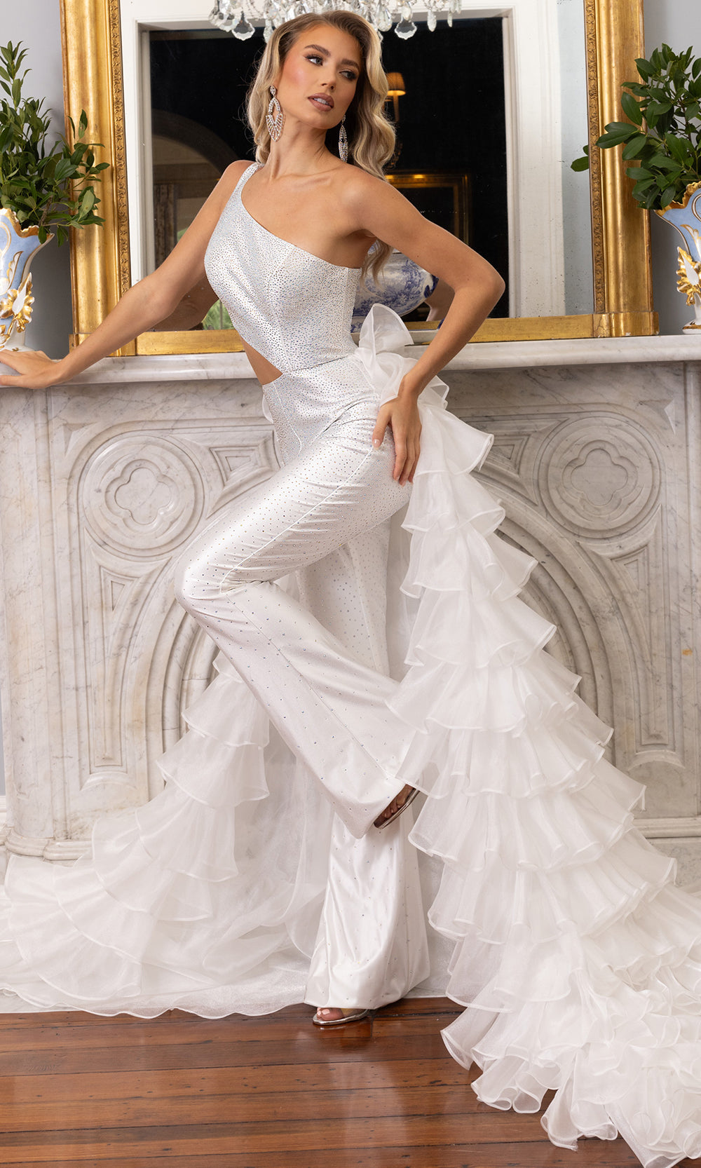 Rachel Allan 50395 - Ruffled Overskirt Crystal Embellished Jumpsuit Formal Pantsuits in White