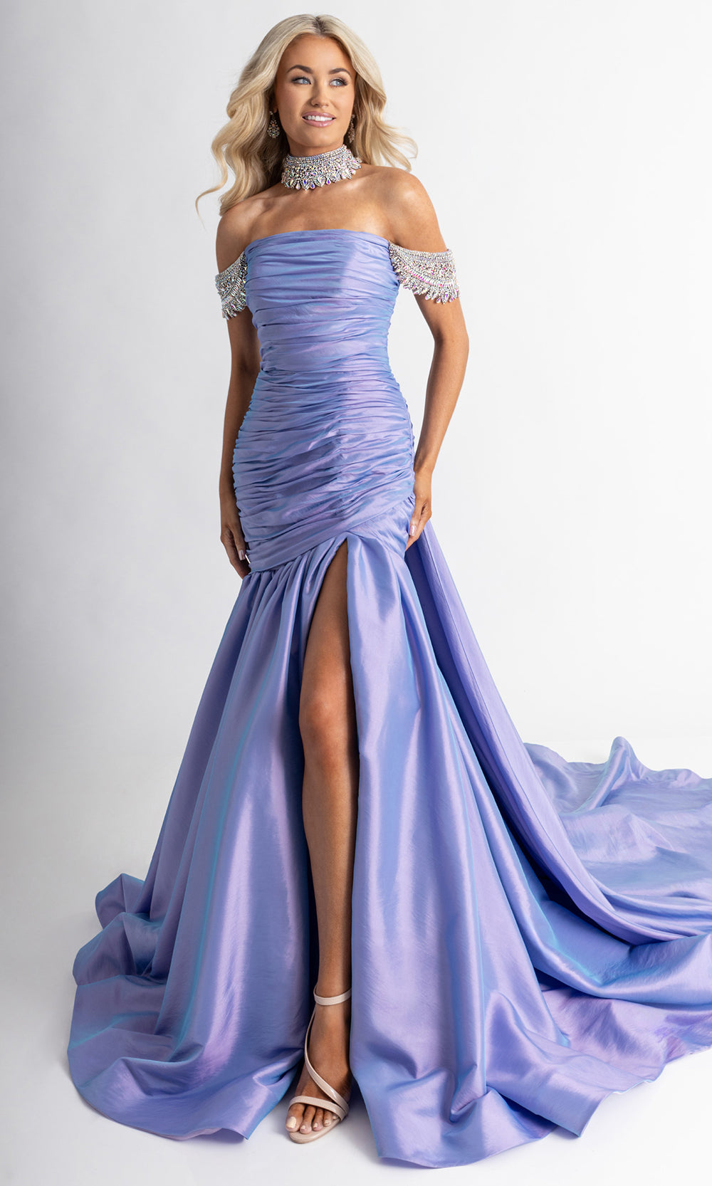 Rachel Allan 50396 - Ruched Bodice Beaded Sleeve Prom Gown Prom Dresses in Lilac