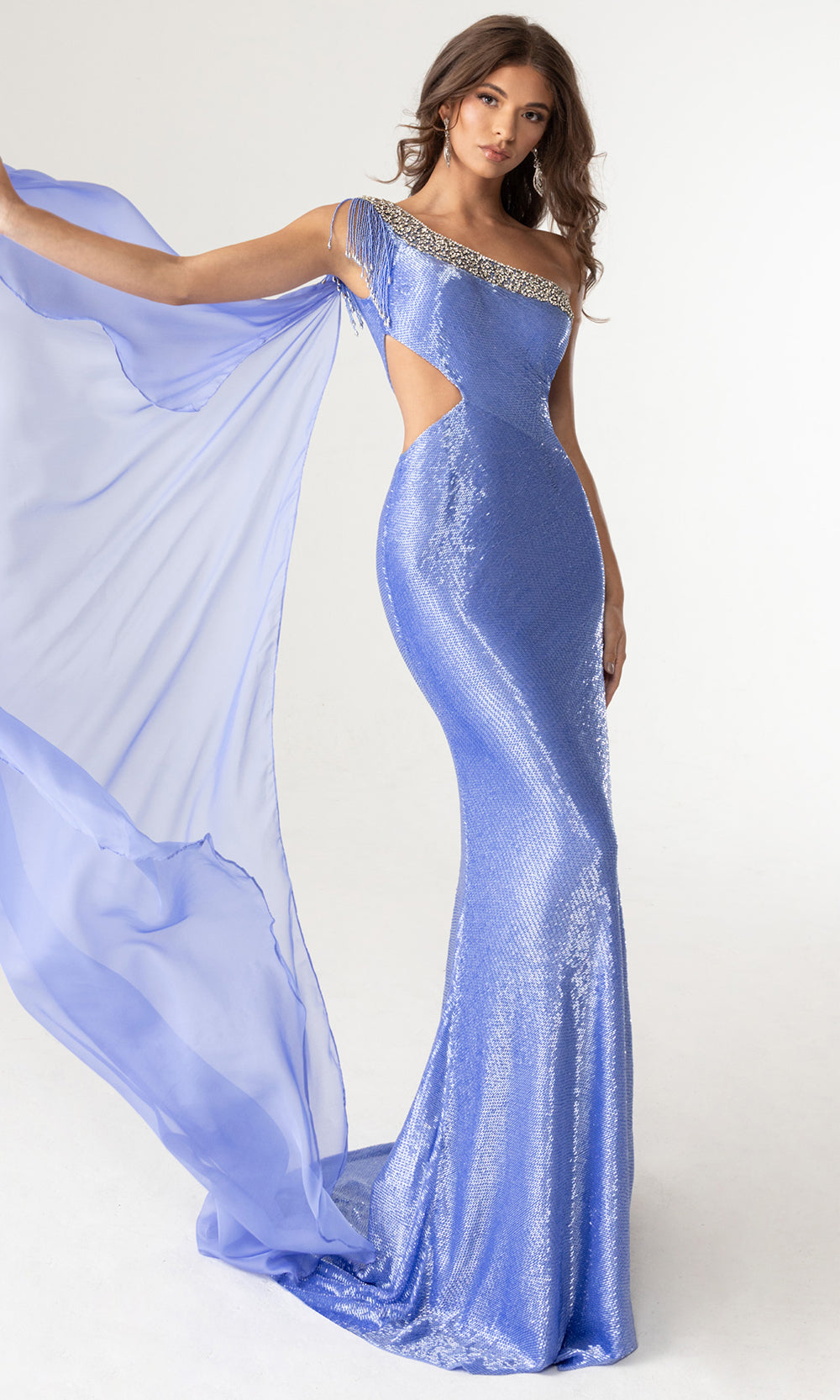 Rachel Allan 50398 - Liquid Beaded One Shoulder Sheath Gown Prom Dresses in Blue