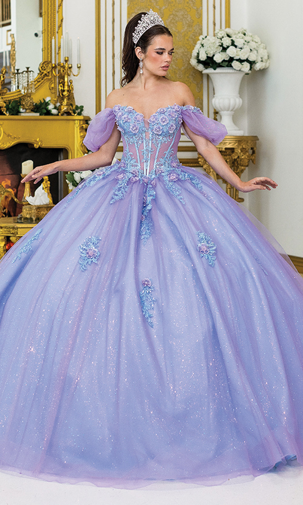 Dancing Queen 5039 - Corset Puff Sleeve Glitter Ballgown Quinceanera Dresses