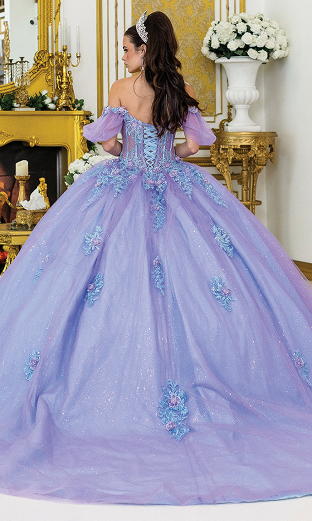 Dancing Queen 5039 - Corset Puff Sleeve Glitter Ballgown Quinceanera Dresses