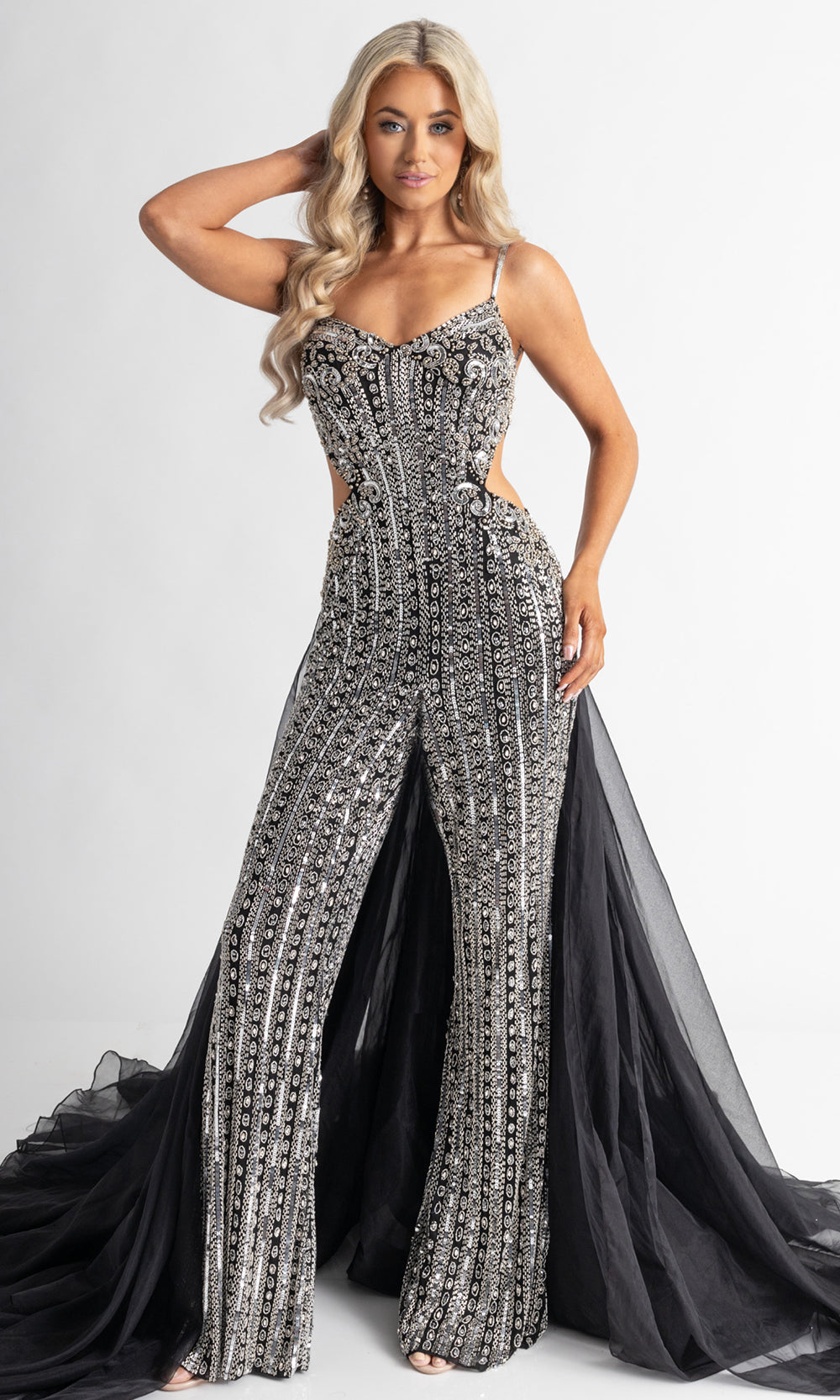Rachel Allan 50400 - Spaghetti Strap Bead Embellished Jumpsuit Formal Pantsuits in Black
