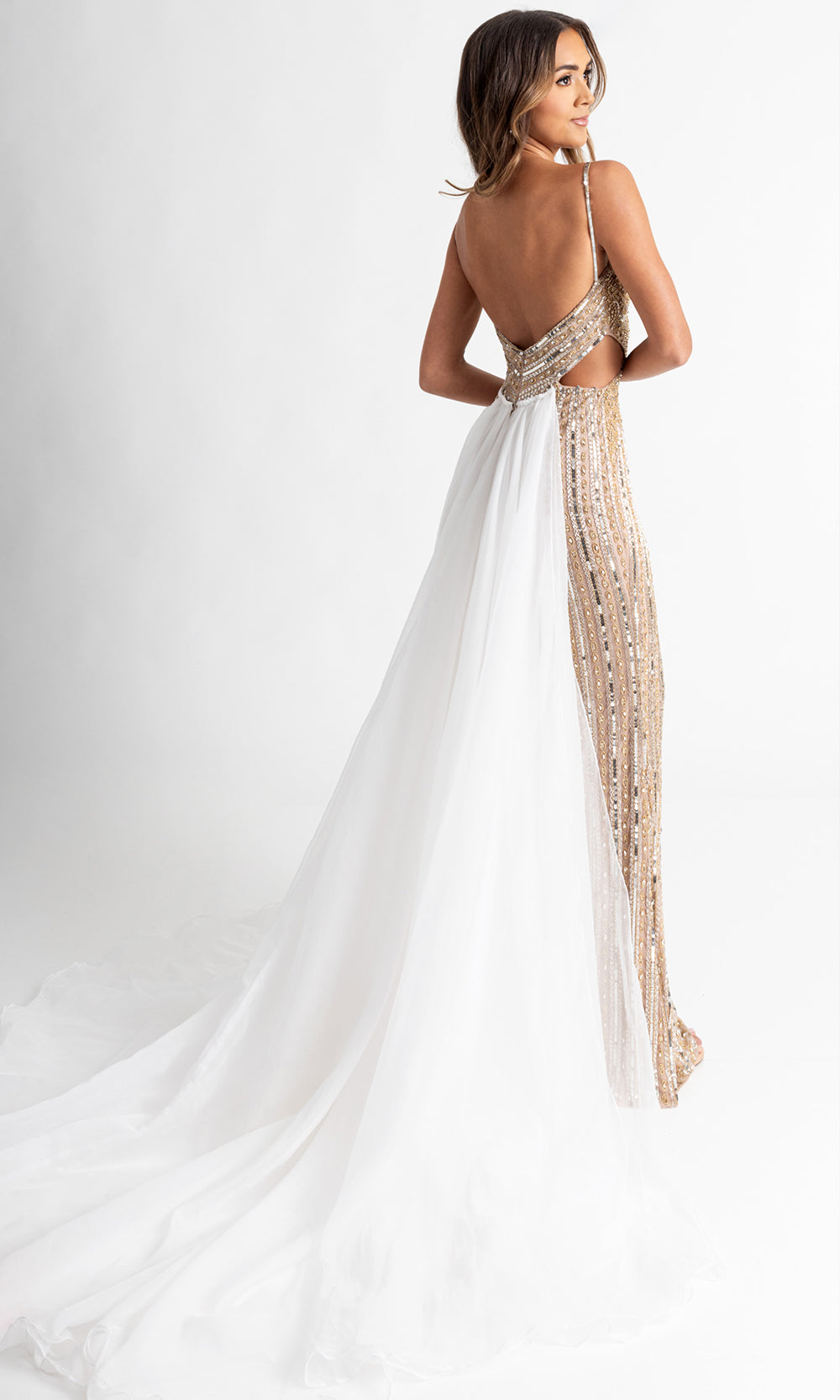 Rachel Allan 50400 - Spaghetti Strap Bead Embellished Jumpsuit Formal Pantsuits in Nude White