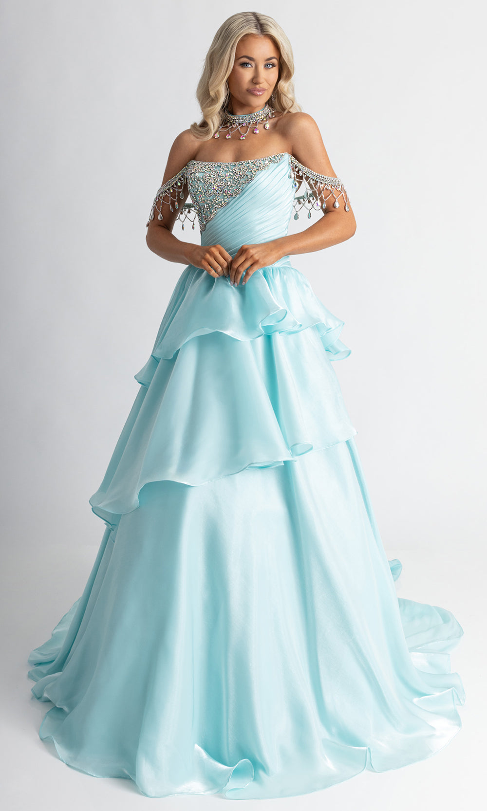 Rachel Allan 50401 - Embellished Bodice Tiered Evening Ballgown Ball Gowns in Aqua