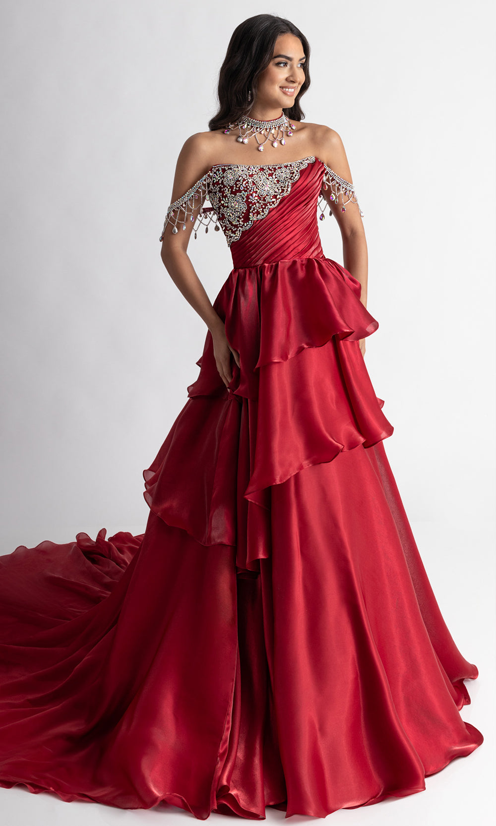 Rachel Allan 50401 - Embellished Bodice Tiered Evening Ballgown Ball Gowns in Red