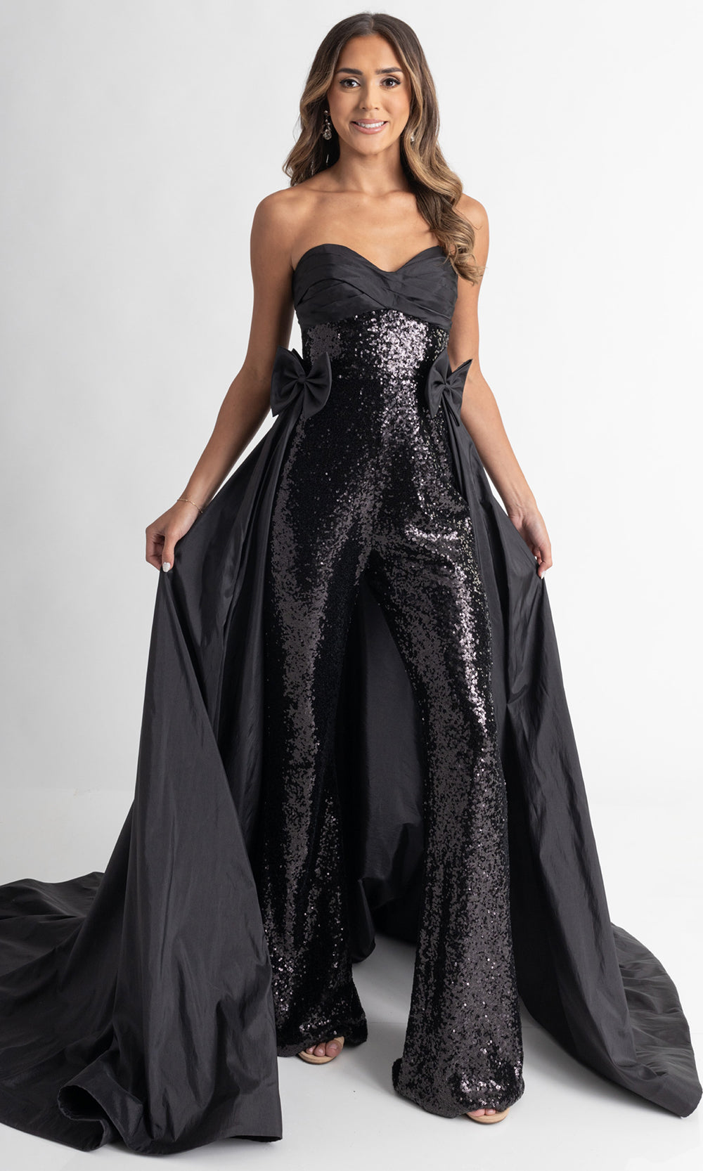 Rachel Allan 50403 - Sweetheart Neck Sparkling Jumpsuit with Bows Formal Pantsuits in Black