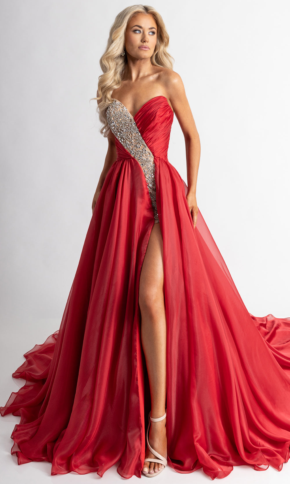 Rachel Allan 50405 - Sweetheart Bodice Embellished Gown with Slit Formal Gowns in Red