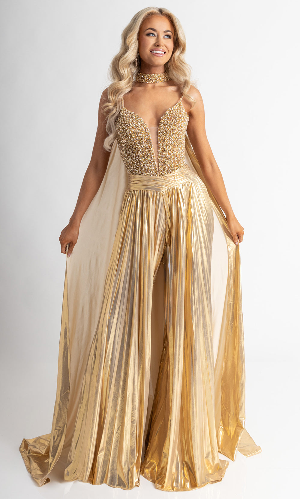 Rachel Allan 50408 - Spaghetti Strap Jumpsuit with Pleated Pants Formal Pantsuits in Gold
