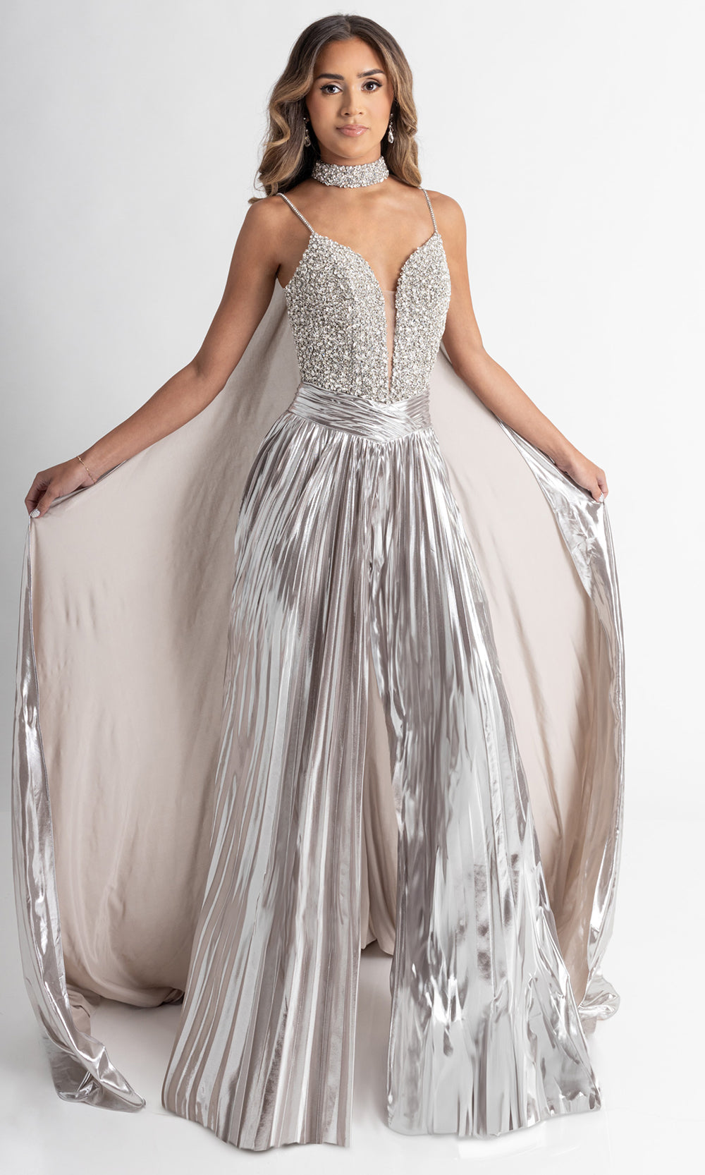 Rachel Allan 50408 - Spaghetti Strap Jumpsuit with Pleated Pants Formal Pantsuits in Silver