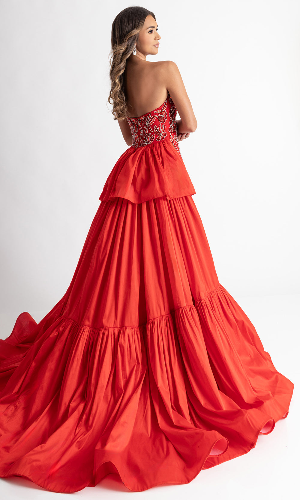 Rachel Allan 50409 - Floral Beaded Tiered Overskirt Gown Prom Dresses in Red