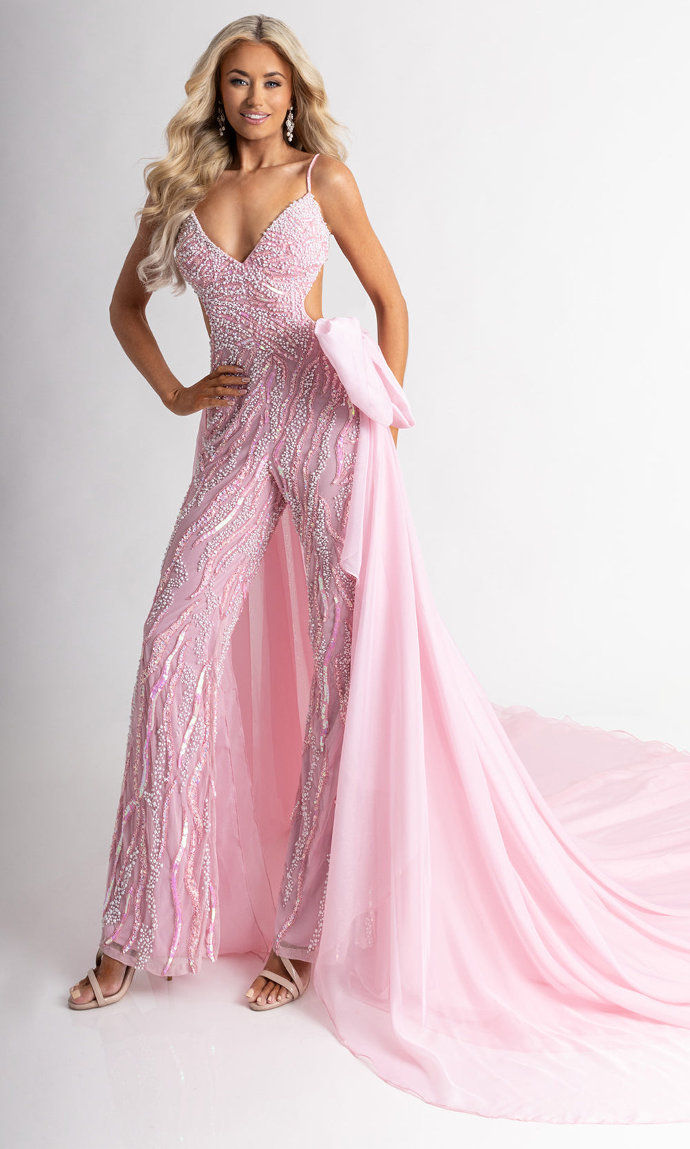 Rachel Allan 50411 - Deep V-Neck Sparkle Jumpsuit with Overskirt Formal Pantsuits in Pink