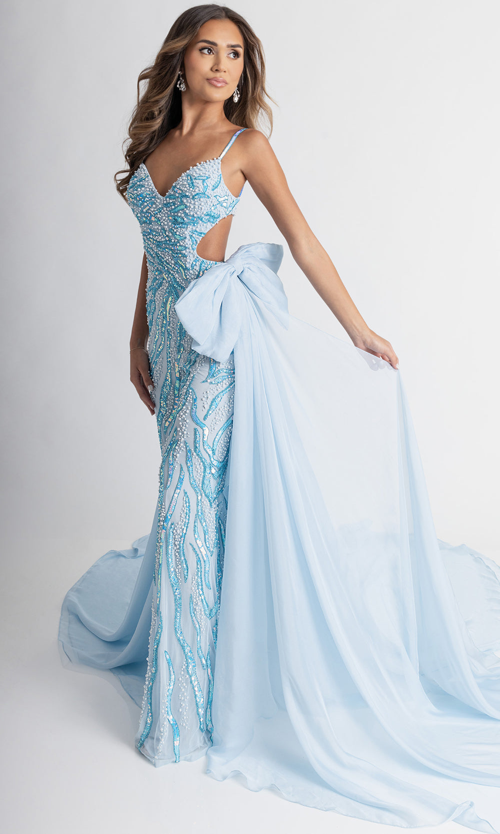 Rachel Allan 50411 - Deep V-Neck Sparkle Jumpsuit with Overskirt Formal Pantsuits in Blue
