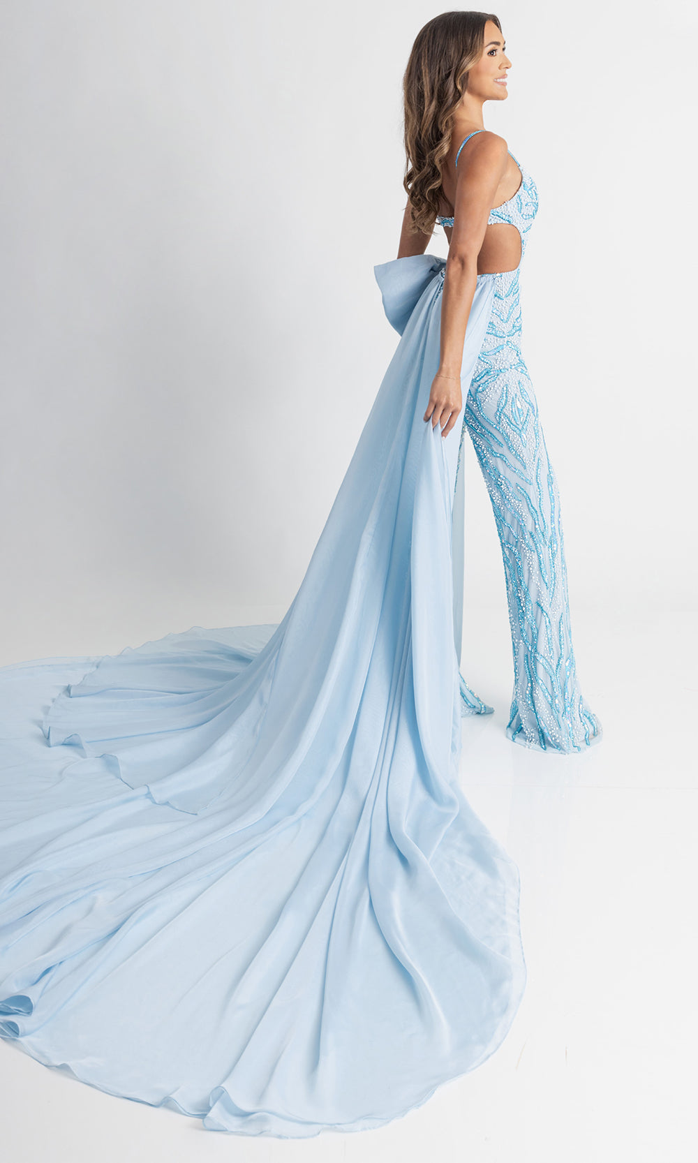 Rachel Allan 50411 - Deep V-Neck Sparkle Jumpsuit with Overskirt Formal Pantsuits in Blue