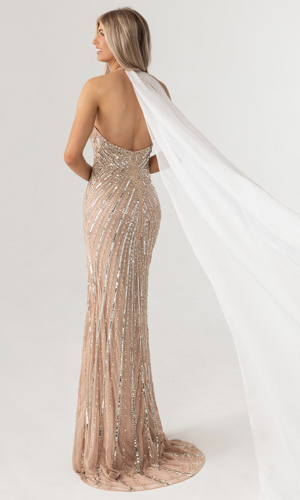 Rachel Allan 50414 - Fully Beaded Halter Prom Gown with Slit Prom Dresses in Nude