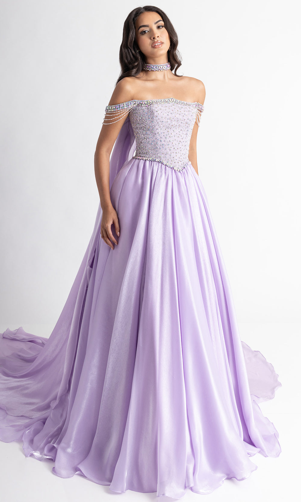 Rachel Allan 50416 - Off Shoulder Basque Ballgown with Flowing Cape Prom Dresses in Lilac
