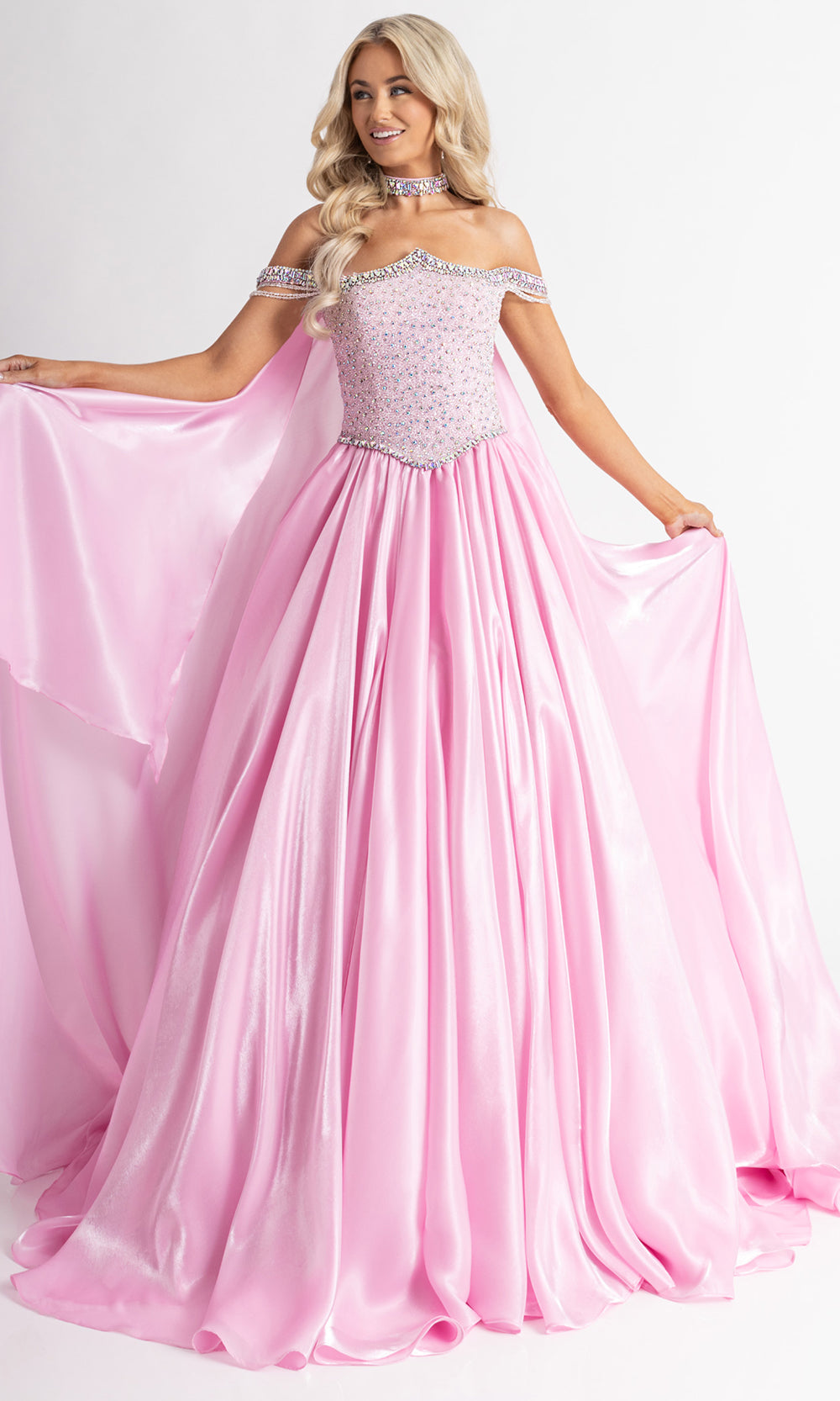 Rachel Allan 50416 - Off Shoulder Basque Ballgown with Flowing Cape Prom Dresses in Pink