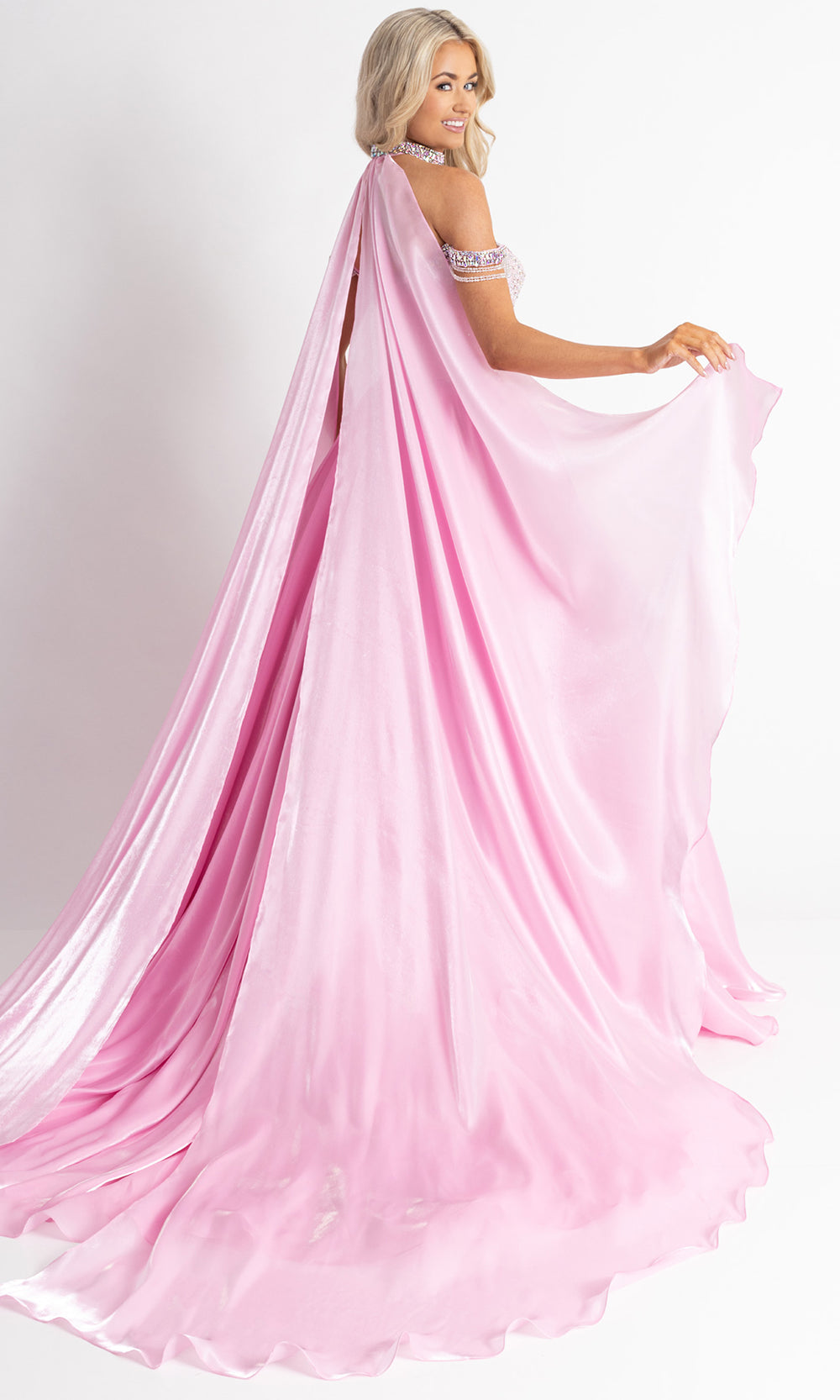 Rachel Allan 50416 - Off Shoulder Basque Ballgown with Flowing Cape Prom Dresses in Pink