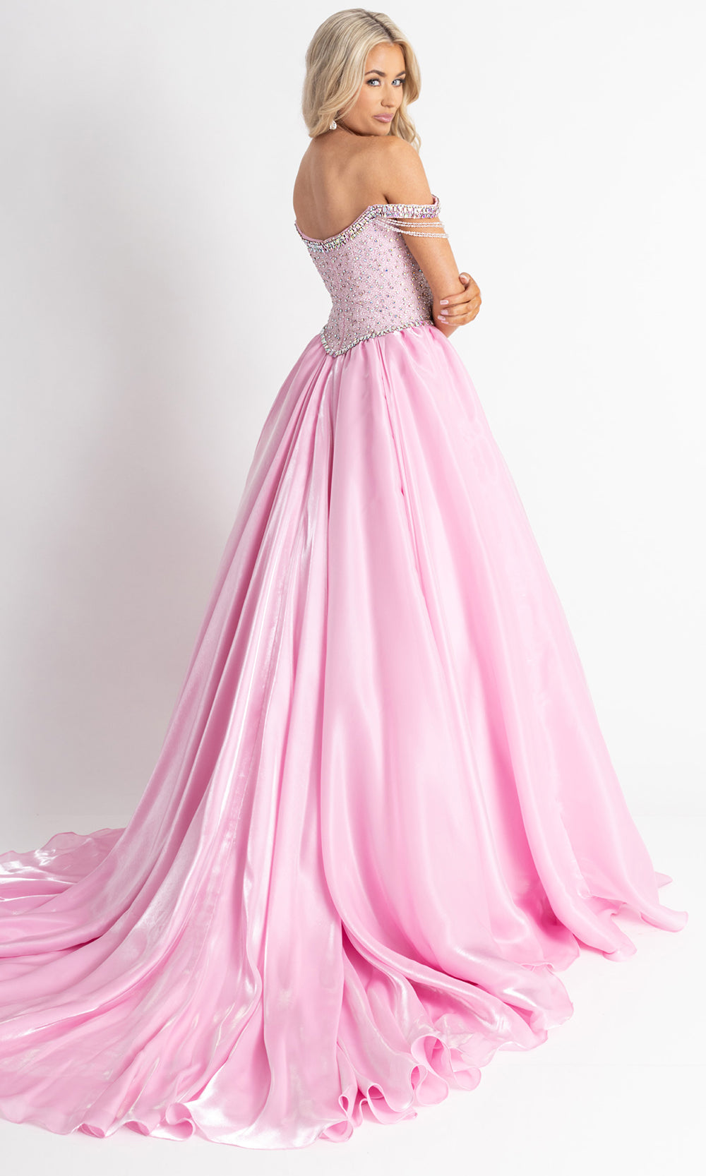 Rachel Allan 50416 - Off Shoulder Basque Ballgown with Flowing Cape Prom Dresses in Pink