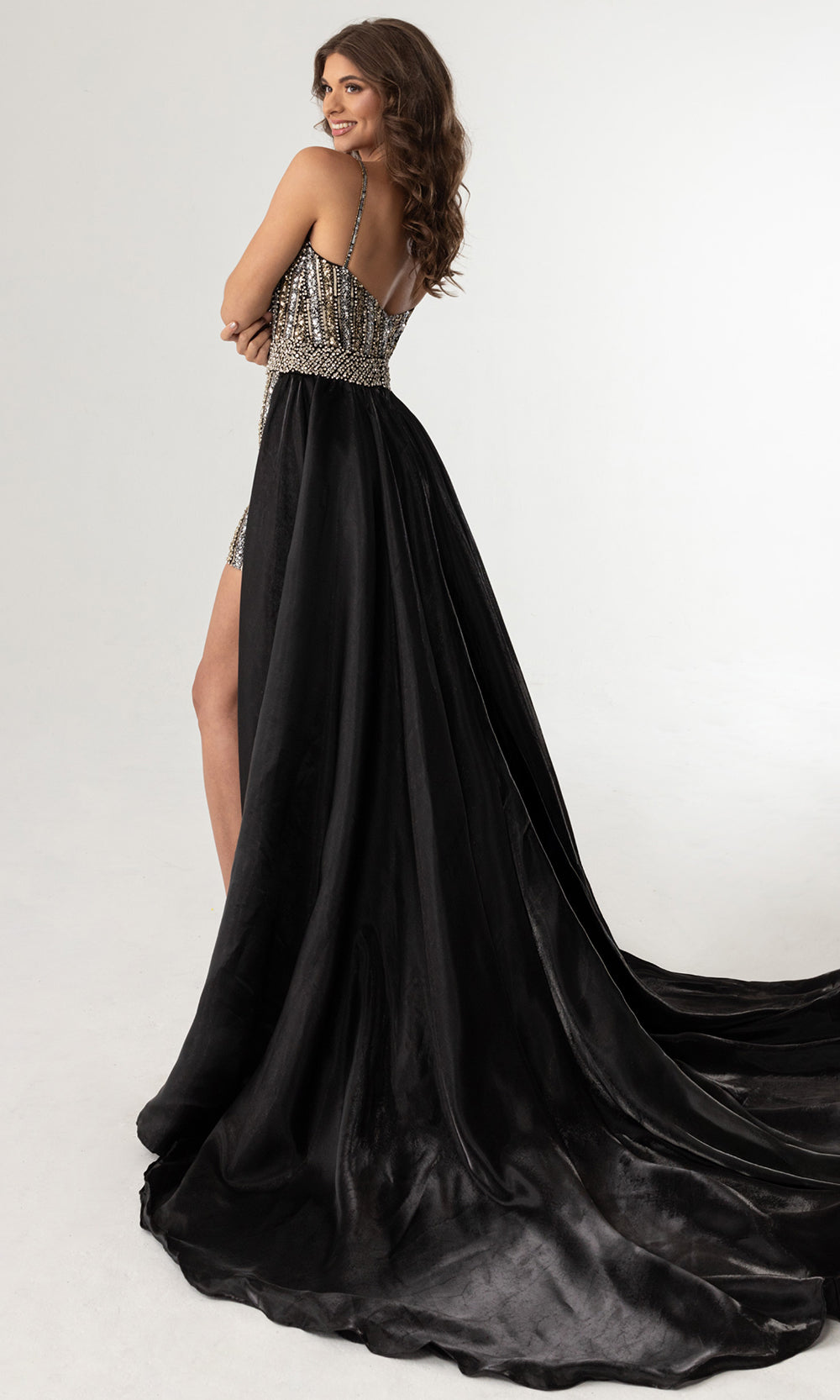 Rachel Allan 50418 - Spaghetti Strap V-Neck Beaded Romper Prom Dresses in Black