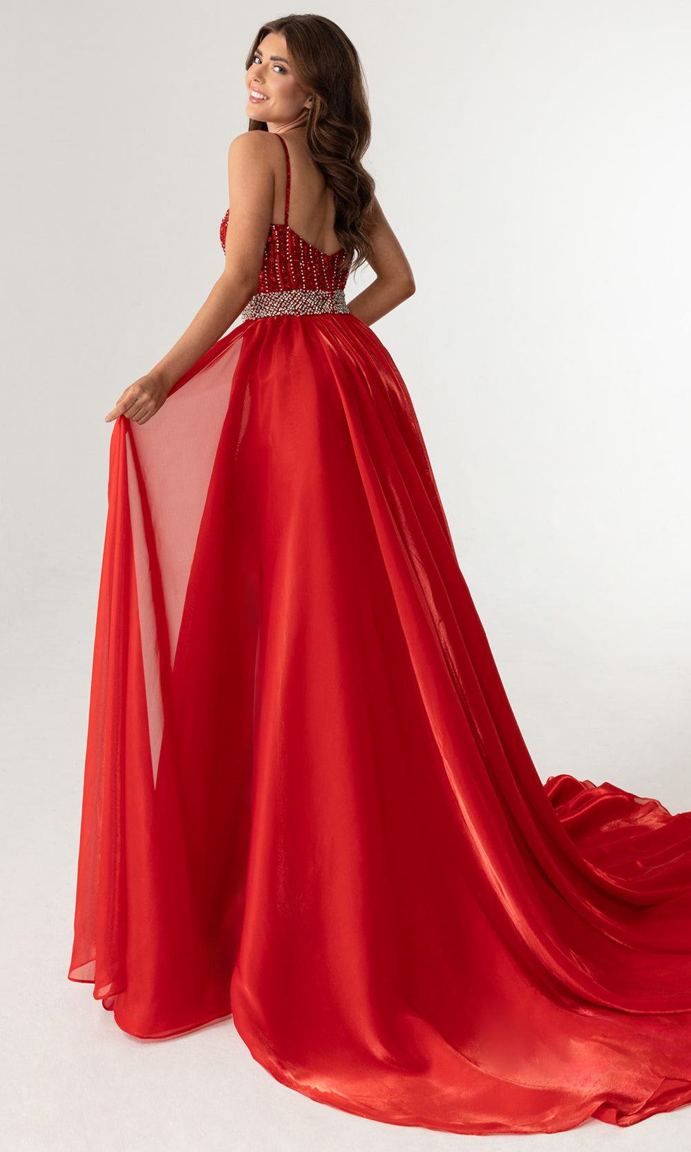 Rachel Allan 50418 - Spaghetti Strap V-Neck Beaded Romper Prom Dresses in Red